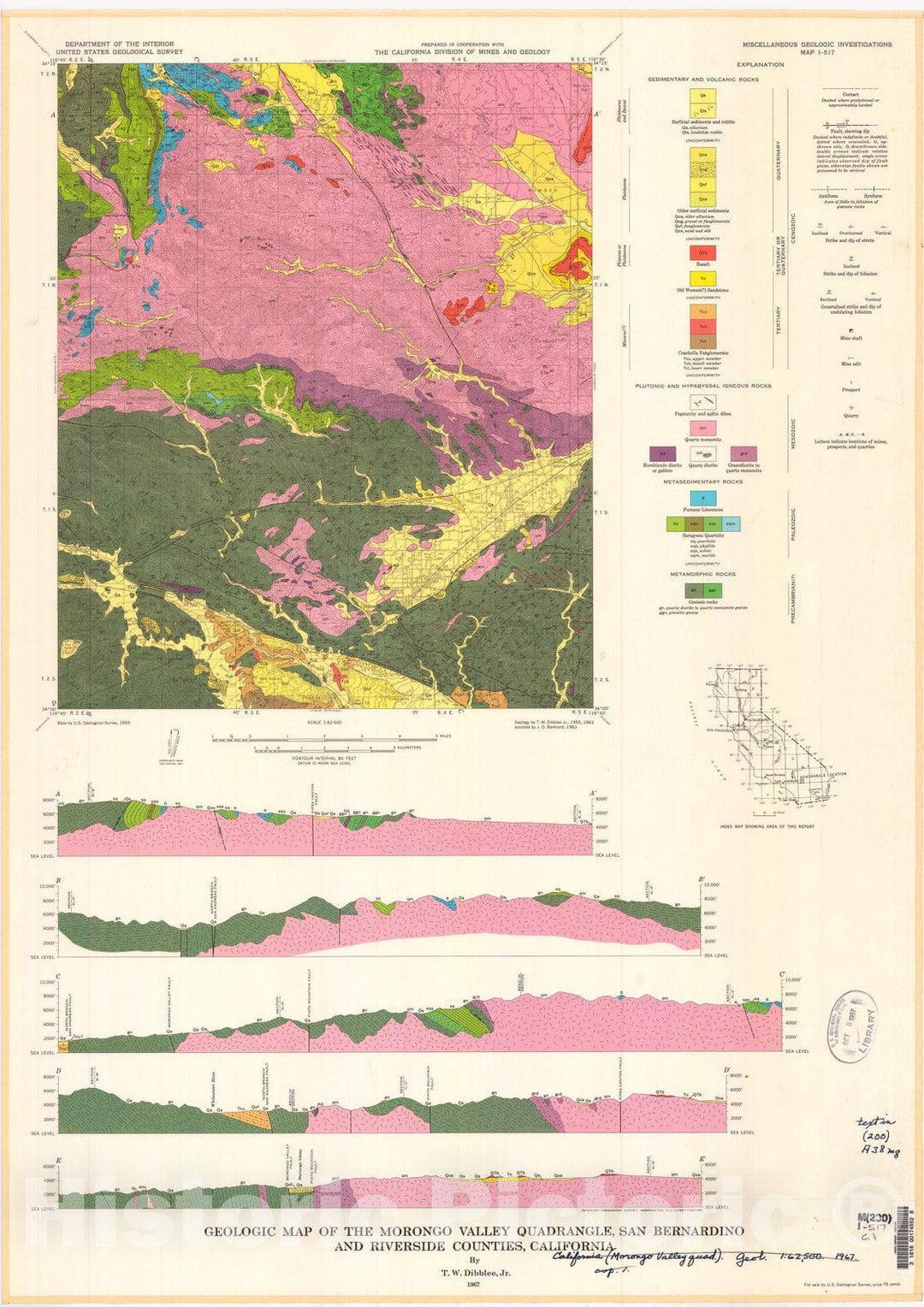 Map : Geologic map of the Morongo Valley quadrangle, San Bernardino and Riverside Counties, California, 1967 Cartography Wall Art :