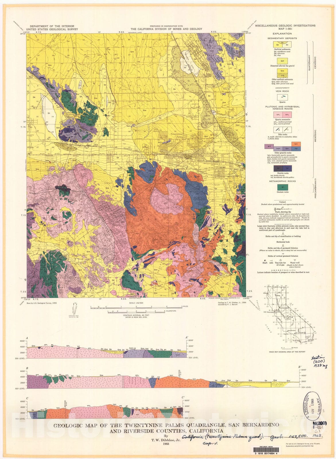 Map : Geologic map of the Twentynine Palms quadrangle, San Bernardino and Riverside Counties, California, 1968 Cartography Wall Art :