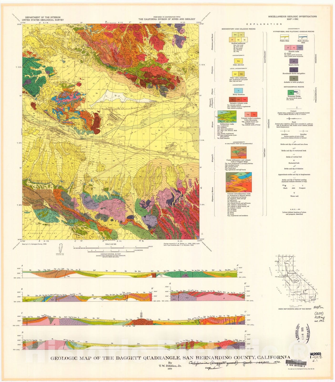 Map : Geologic map of the Daggett quadrangle, San Bernardino County, California, 1970 Cartography Wall Art :
