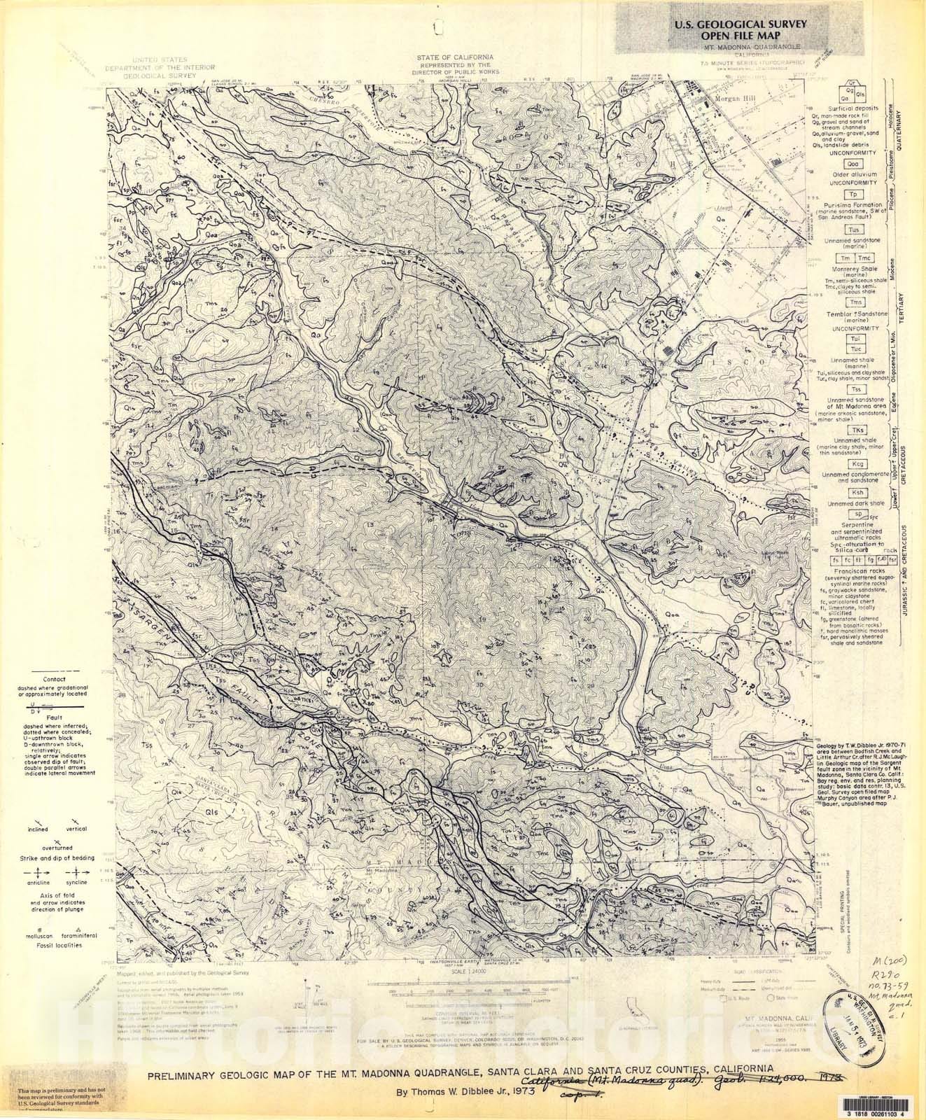 Map : Preliminary geologic maps of the Gilroy Hot Springs, Gilroy, Mt. Sizer, Morgan Hill quadrangles, Santa Clara County, and the Mt. M, 1973 Cartography Wall Art :