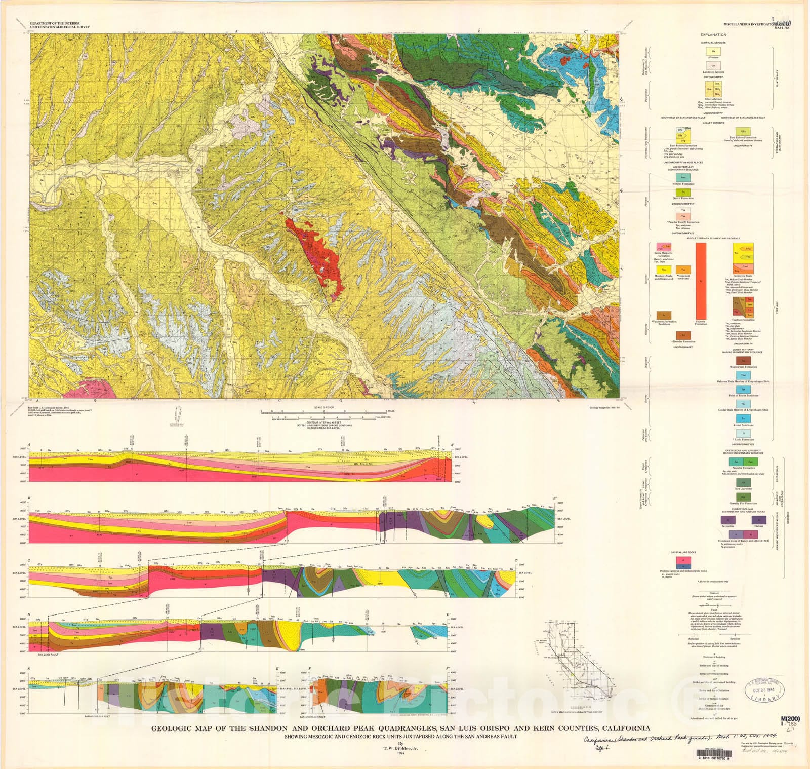 Map : Geologic map of the Shandon and Orchard Peak quadrangles, San Luis Obispo and Kern Counties, California, 1974 Cartography Wall Art :
