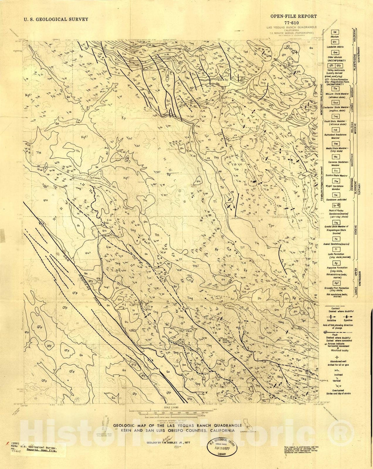 Map : Geologic map of the Las Yeguas Ranch quadrangle, Kern and San Luis Obispo Counties, California, 1977 Cartography Wall Art :