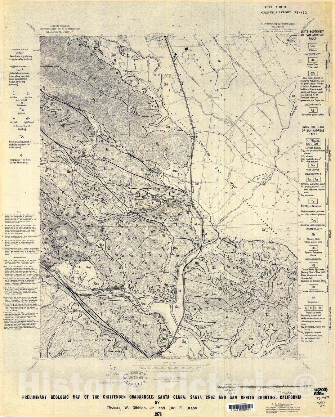 Map : Preliminary geologic maps of the Chittenden, Los Gatos, and Watsonville East quadrangles, California, 1978 Cartography Wall Art :