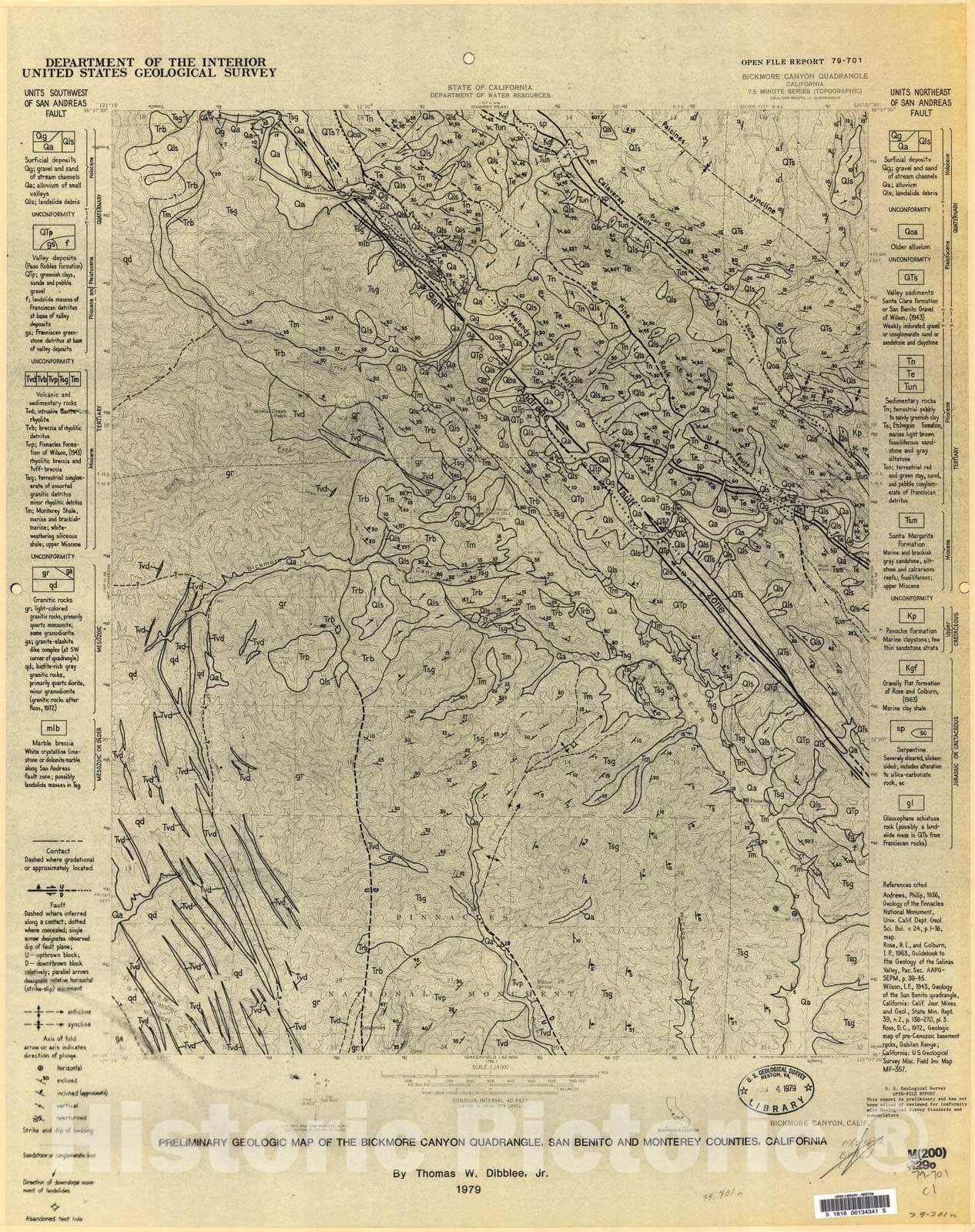 Map : Preliminary geologic map of the Bickmore Canyon quadrangle, San Benito and Monterey Counties, California, 1979 Cartography Wall Art :