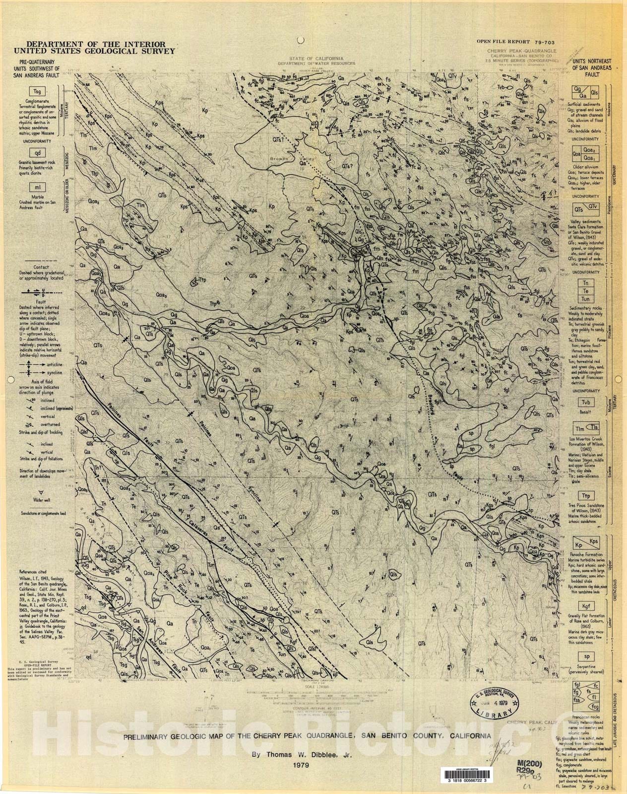Map : Preliminary geologic map of the Cherry Peak quadrangle, San Benito County, California, 1979 Cartography Wall Art :