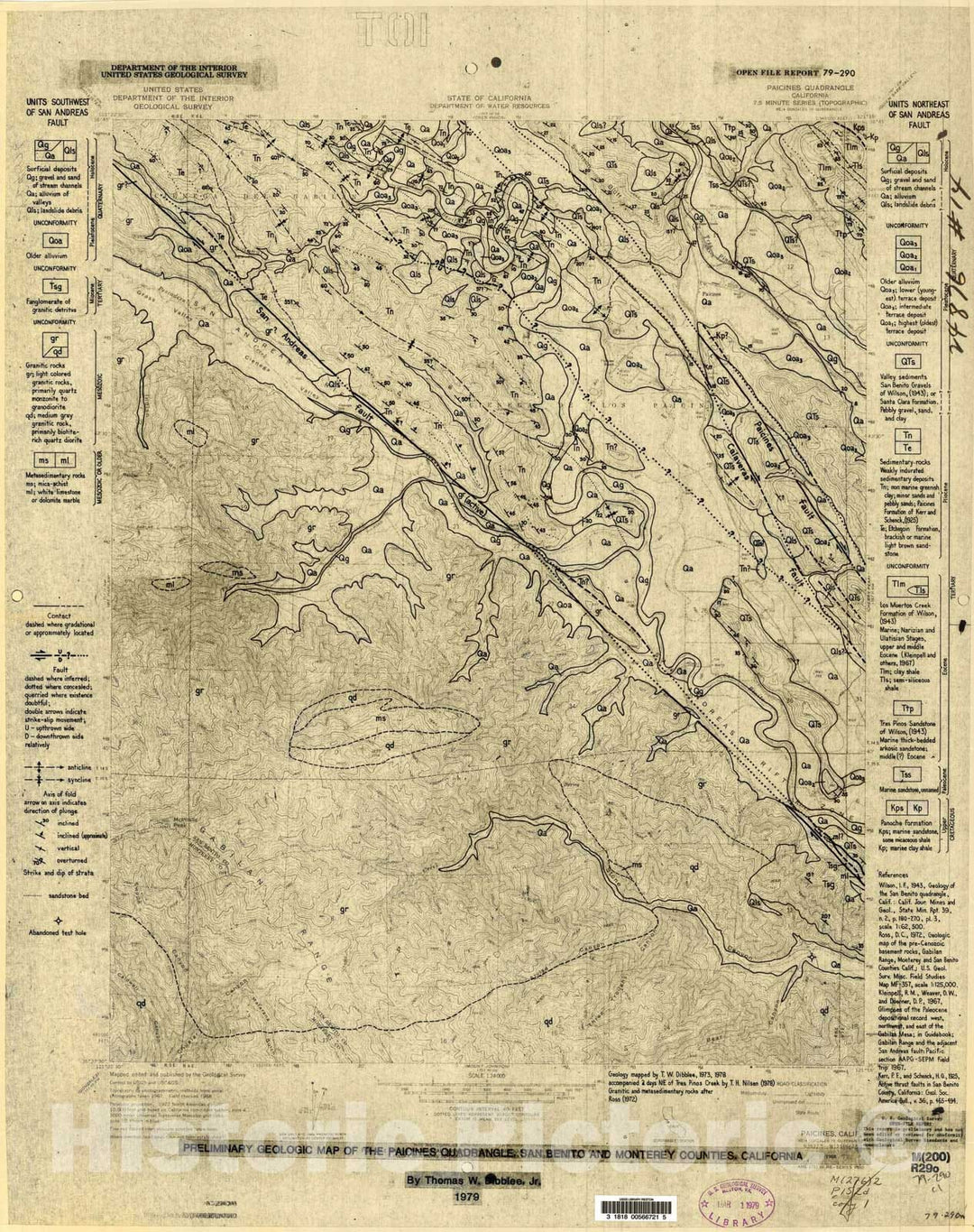 Map : Preliminary geologic map of the Paicines quadrangle, San Benito and Monterey Counties, California, 1979 Cartography Wall Art :