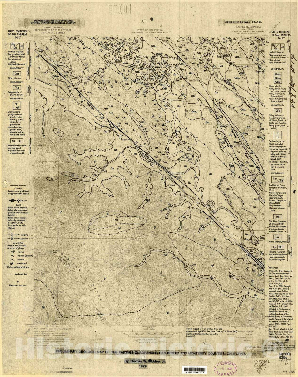Map : Preliminary geologic map of the Paicines quadrangle, San Benito and Monterey Counties, California, 1979 Cartography Wall Art :