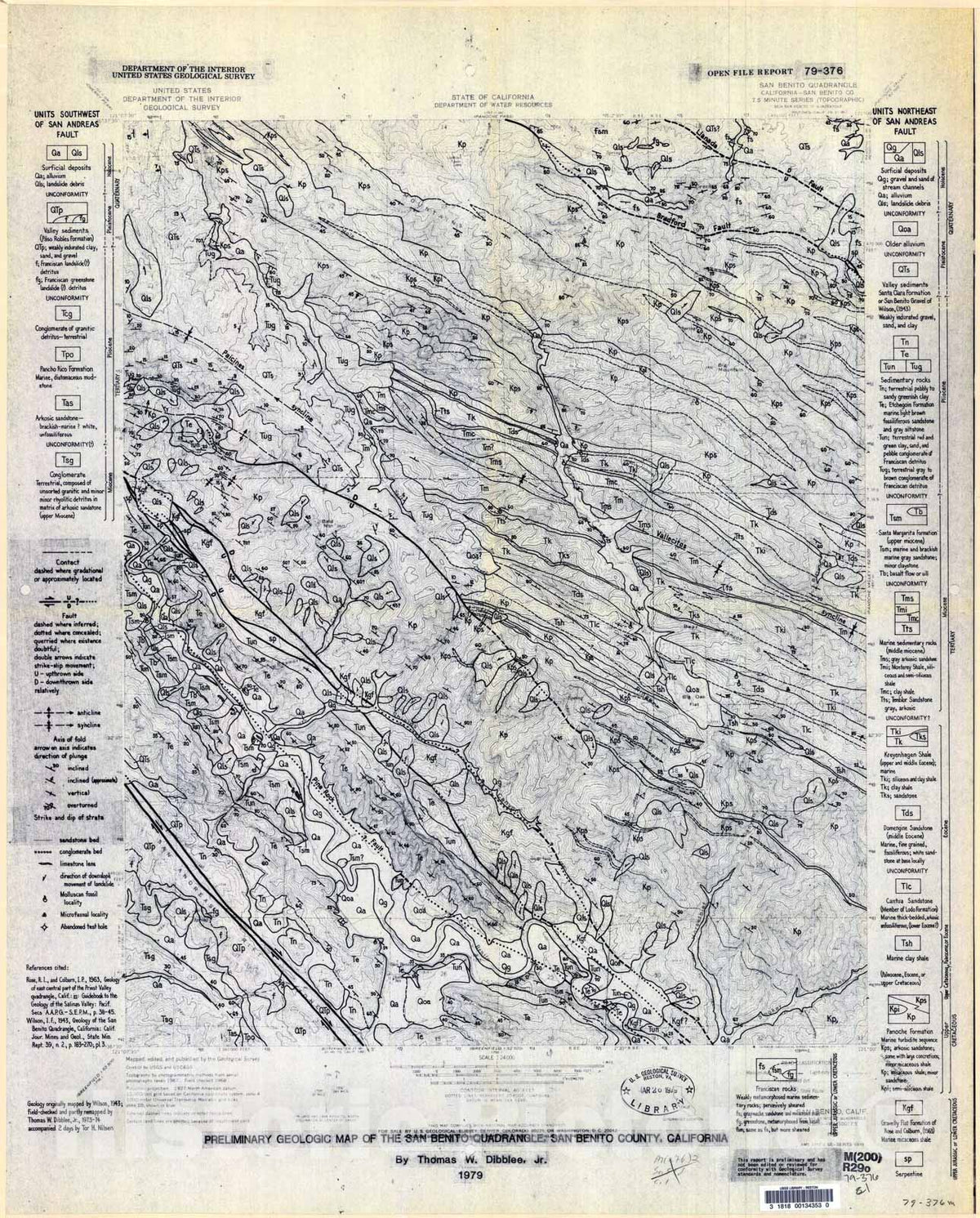 Map : Preliminary geologic map of the San Benito quadrangle, San Benito County, California, 1979 Cartography Wall Art :