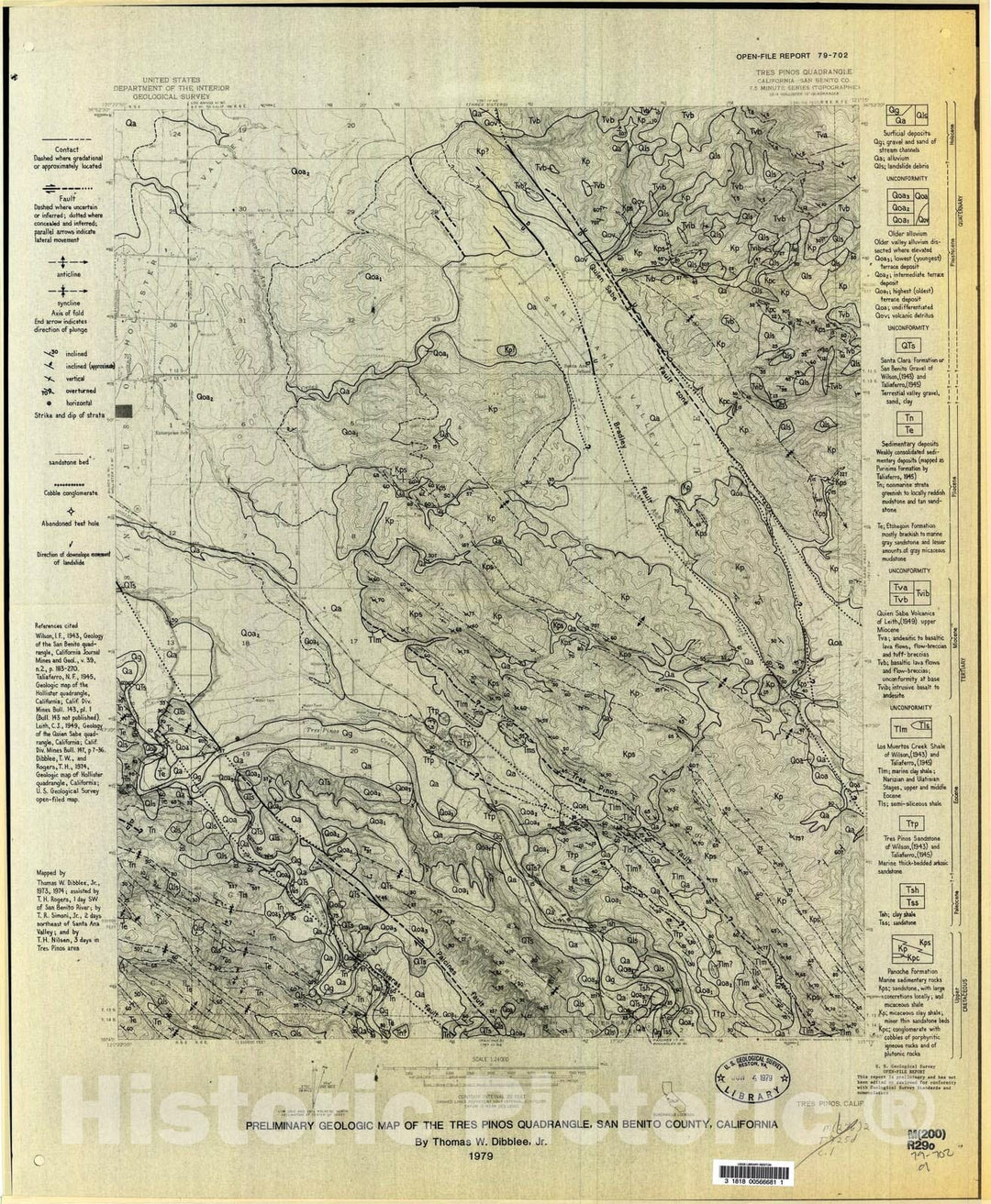 Map : Preliminary geologic map of the Tres Pinos quadrangle, San Benito County, California, 1979 Cartography Wall Art :