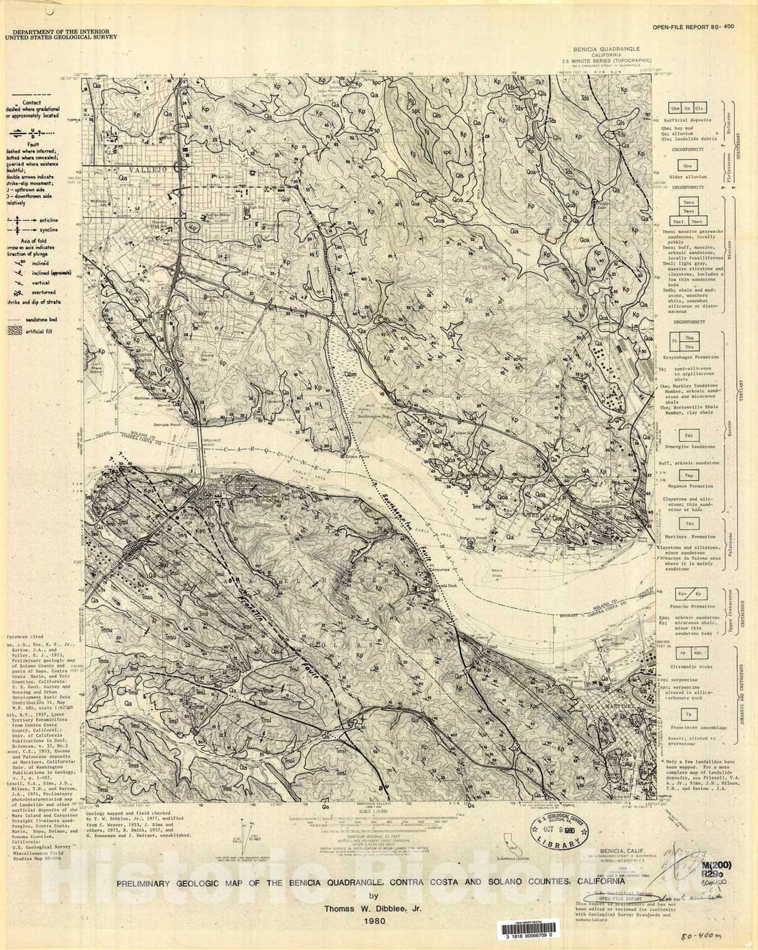 Map : Preliminary geologic map of the Benicia quadrangle, Contra Costa and Solano Counties, California, 1980 Cartography Wall Art :