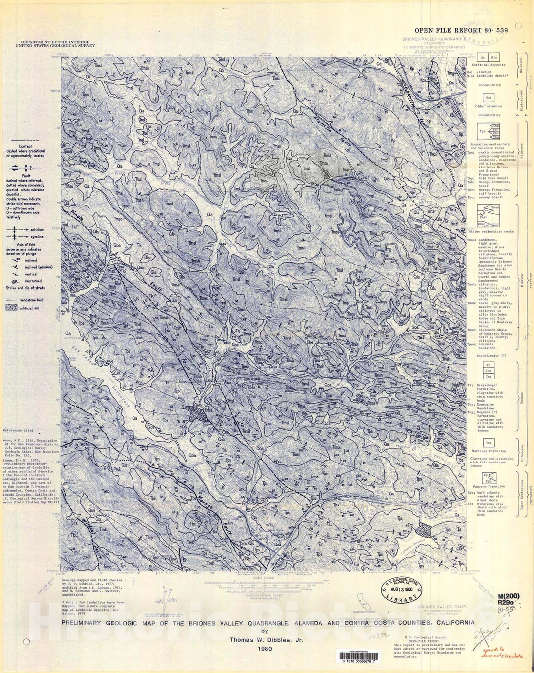 Map : Preliminary geologic map of the Briones Valley quadrangle, Alameda and Contra Costa Counties, California, 1980 Cartography Wall Art :