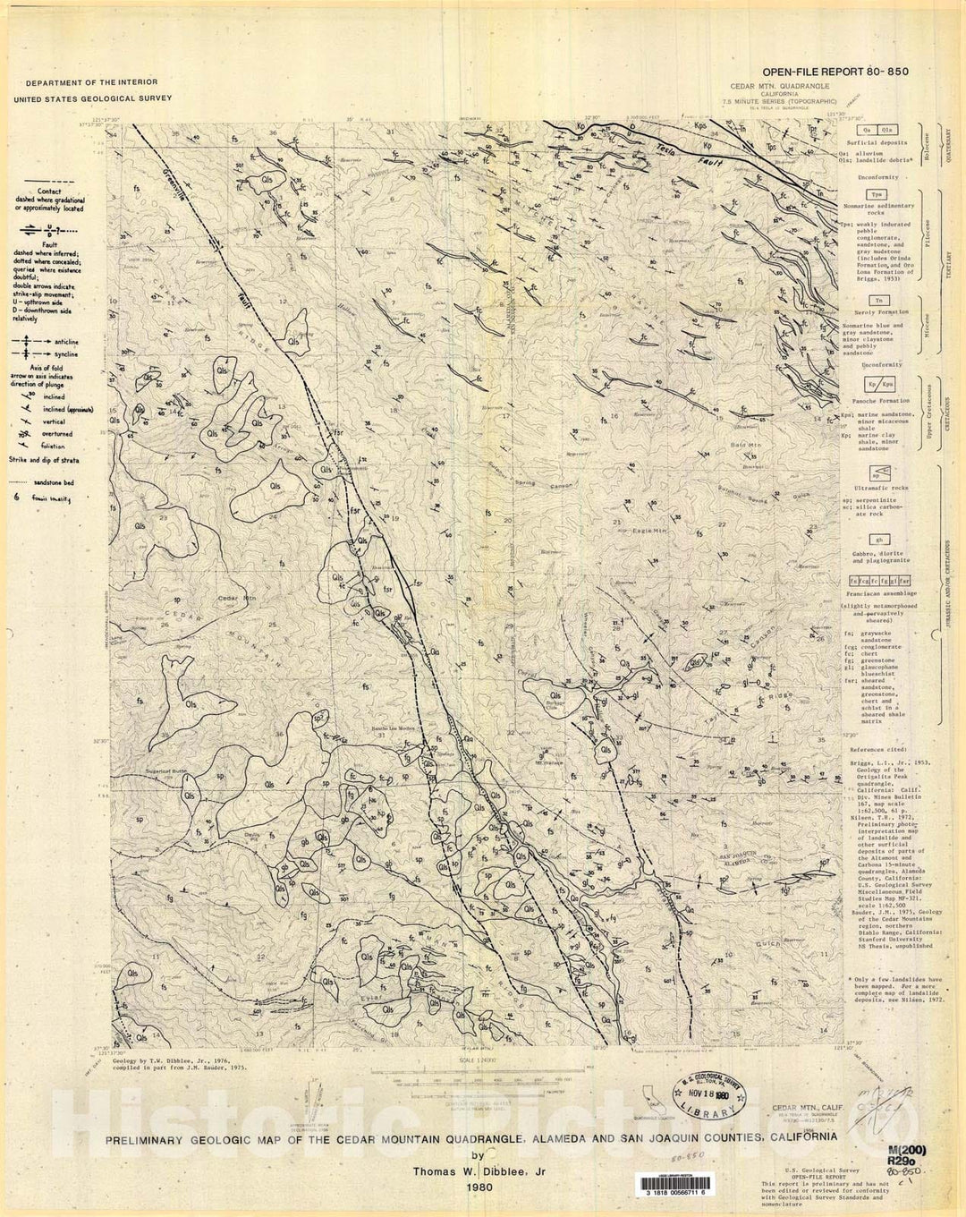 Map : Preliminary geologic map of the Cedar Mountain quadrangle, Alameda and San Joaquin Counties, California, 1980 Cartography Wall Art :