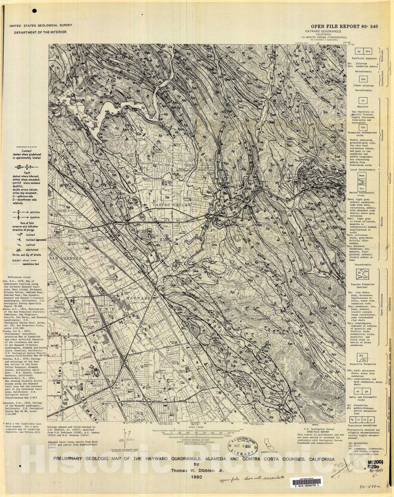 Map : Preliminary geologic map of the Hayward quadrangle, Alameda and Contra Costa Counties, California, 1980 Cartography Wall Art :