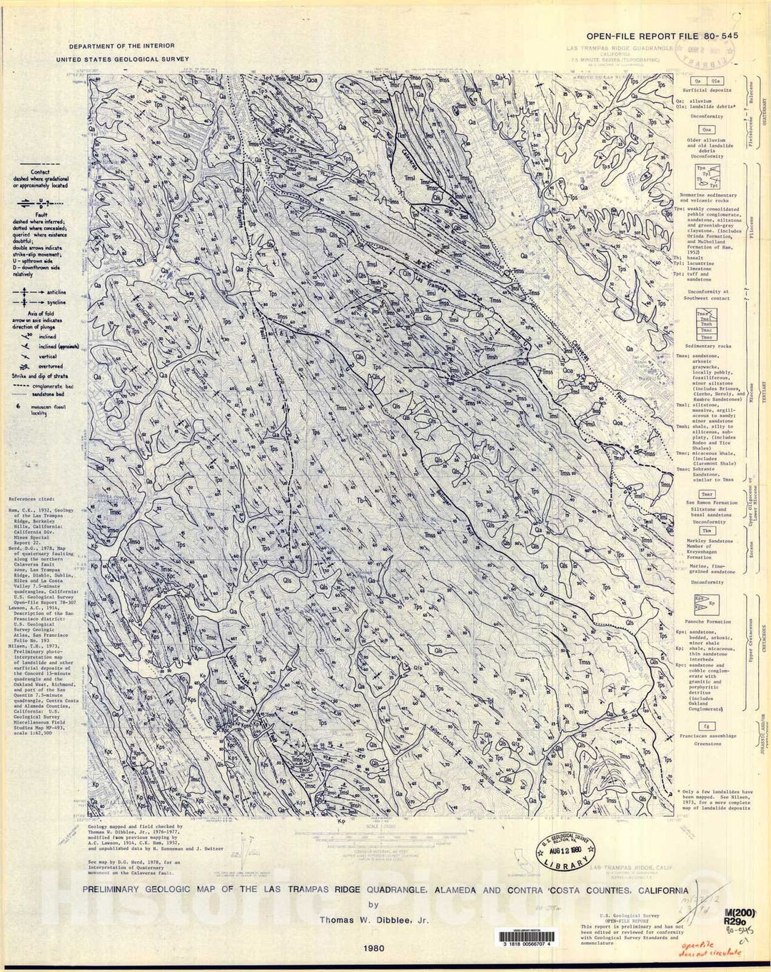 Map : Preliminary geologic map of the Las Trampas Ridge quadrangle, Contra Costa and Alameda Counties, California, 1980 Cartography Wall Art :