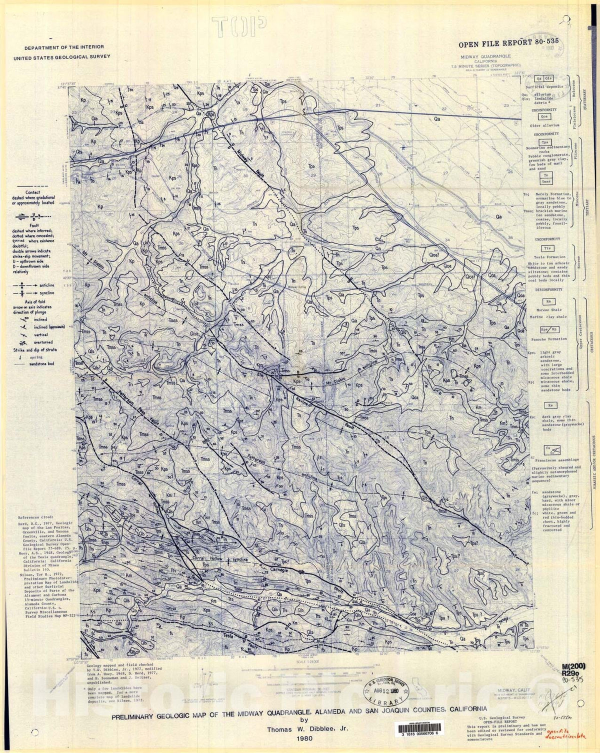 Map : Preliminary geologic map of the Midway quadrangle, Alameda and San Joaquin Counties, California, 1980 Cartography Wall Art :