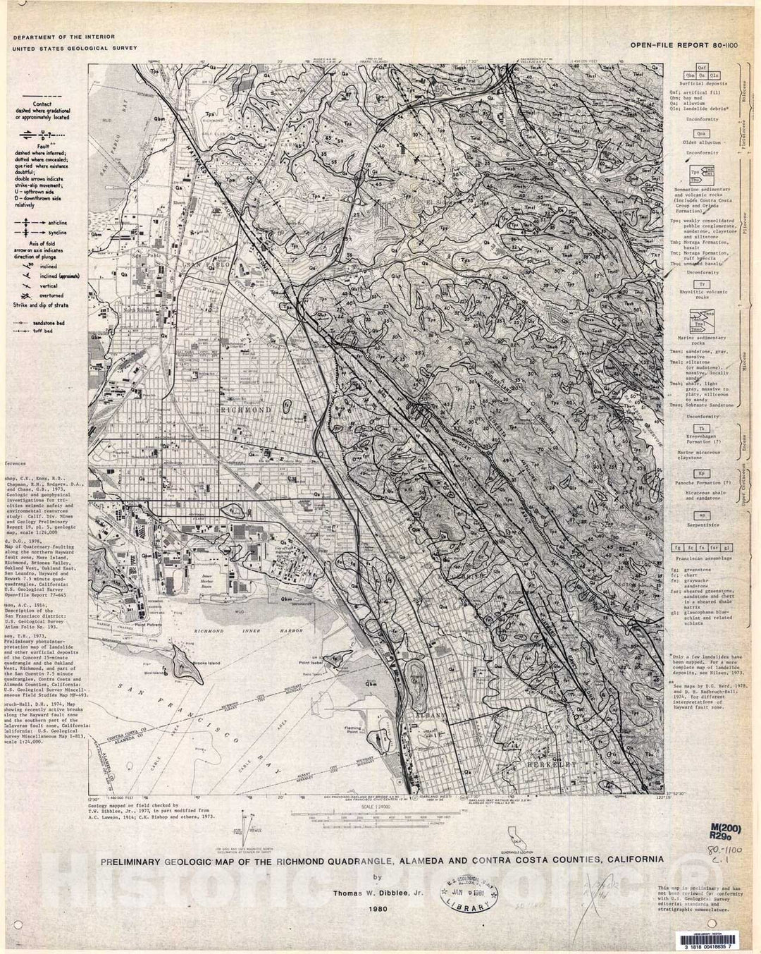 Map : Preliminary geologic map of the Richmond quadrangle, Alameda and Contra Costa Counties, California, 1980 Cartography Wall Art :