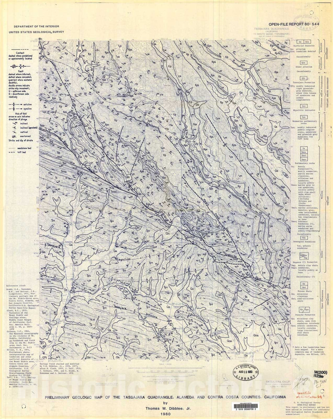 Map : Preliminary geologic map of the Tassajara quadrangle, Alameda and Contra Costa Counties, California, 1980 Cartography Wall Art :