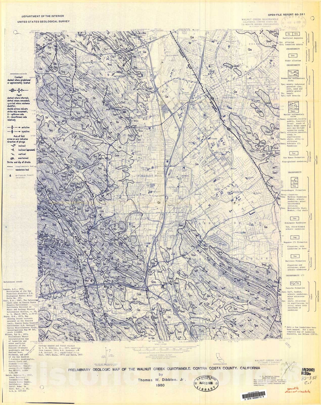 Map : Preliminary geologic map of the Walnut Creek quadrangle, Contra Costa County, California, 1980 Cartography Wall Art :
