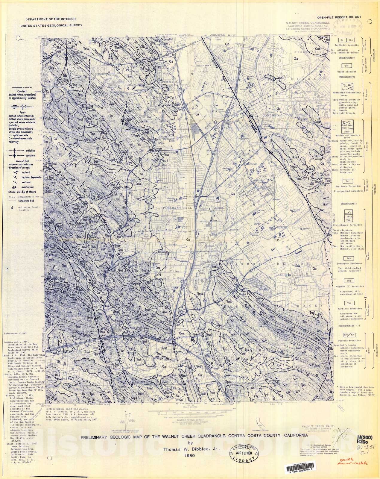 Map : Preliminary geologic map of the Walnut Creek quadrangle, Contra Costa County, California, 1980 Cartography Wall Art :