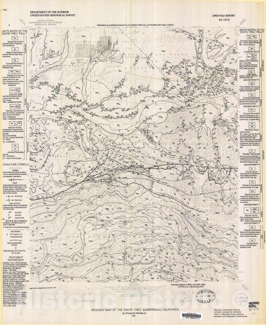 Map : Geologic map of the Santa Ynez quadrangle, California, 1981 Cartography Wall Art :