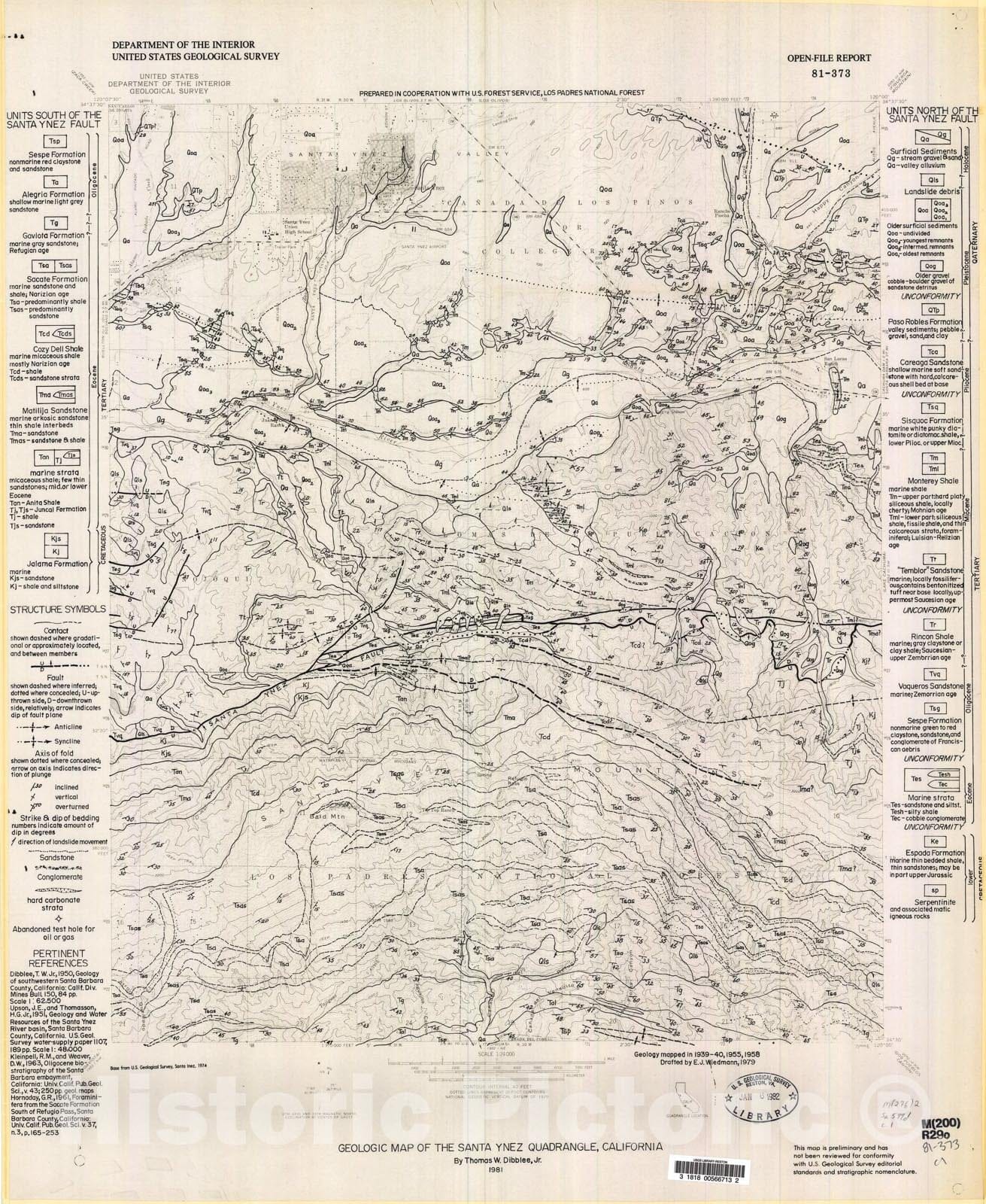 Map : Geologic map of the Santa Ynez quadrangle, California, 1981 Cartography Wall Art :