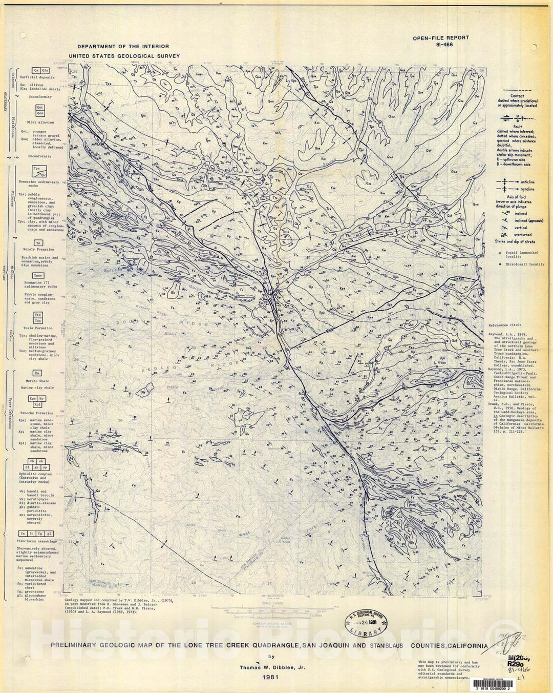 Map : Preliminary geologic map of the Lone Tree Creek quadrangle, San Joaquin and Stanislaus Counties, California, 1981 Cartography Wall Art :