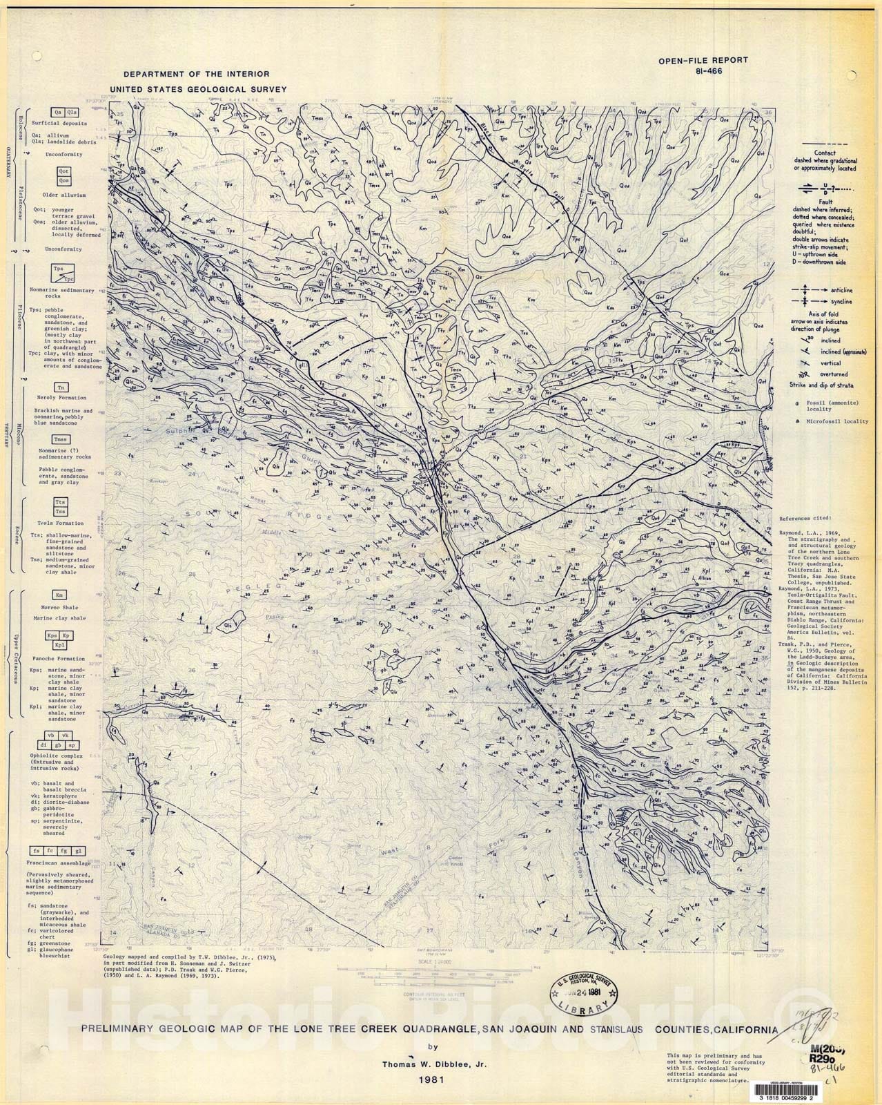 Map : Preliminary geologic map of the Lone Tree Creek quadrangle, San Joaquin and Stanislaus Counties, California, 1981 Cartography Wall Art :