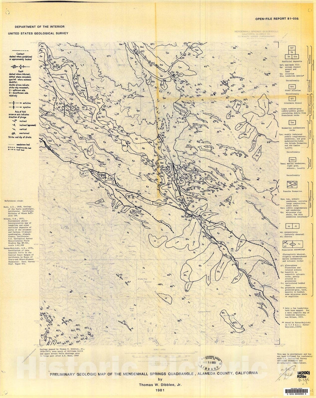 Map : Preliminary geologic map of the Mendenhall Springs quadrangle, Alameda County, California, 1981 Cartography Wall Art :