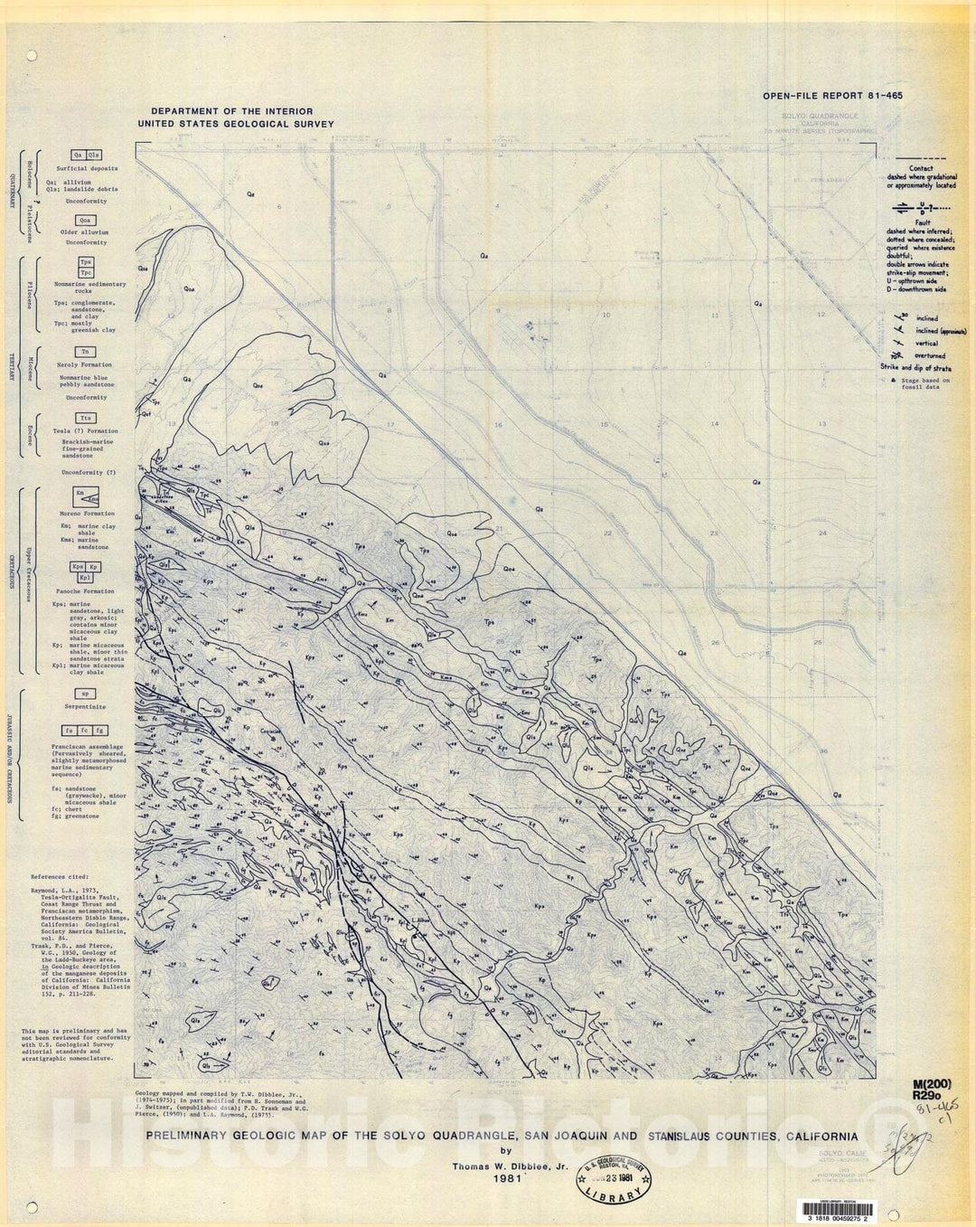Map : Preliminary geologic map of the Solyo quadrangle, San Joaquin and Stanislaus Counties, California, 1981 Cartography Wall Art :