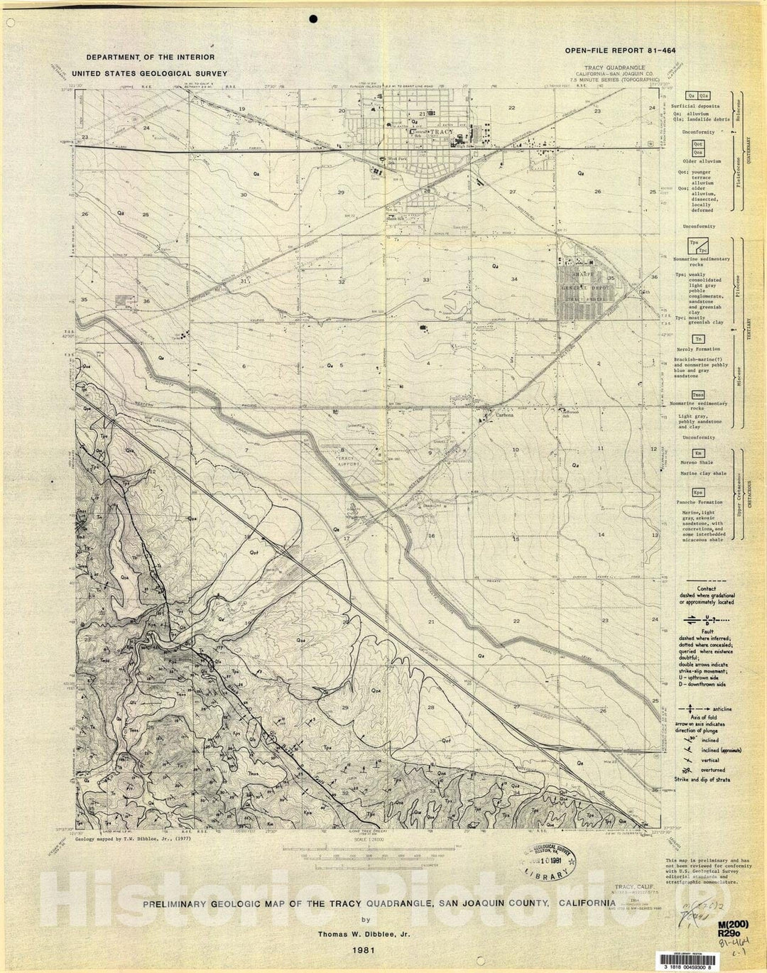 Map : Preliminary geologic map of the Tracy quadrangle, San Joaquin County, California, 1981 Cartography Wall Art :