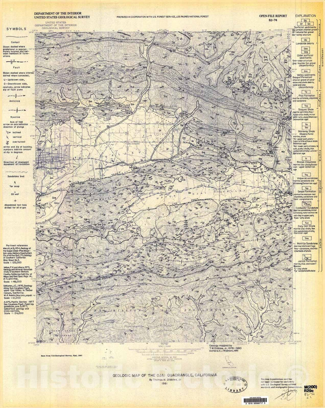 Map : Geologic map of the Ojai quadrangle, California, 1982 Cartography Wall Art :