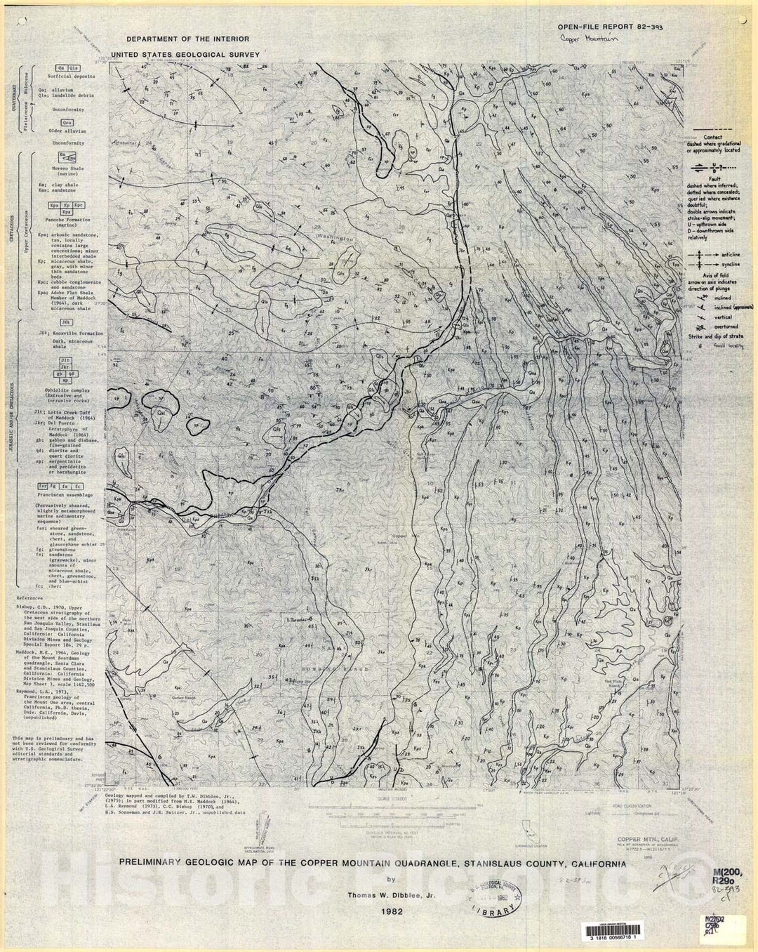Map : Preliminary geologic map of the Copper Mountain quadrangle, Stanislaus County, California, 1982 Cartography Wall Art :