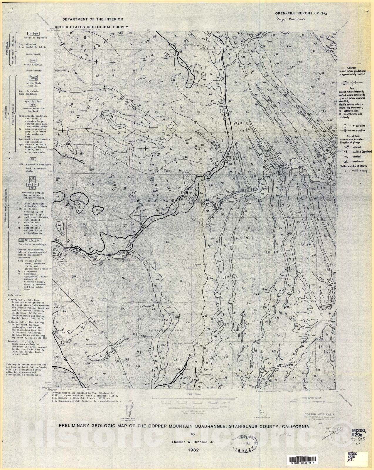 Map : Preliminary geologic map of the Copper Mountain quadrangle, Stanislaus County, California, 1982 Cartography Wall Art :