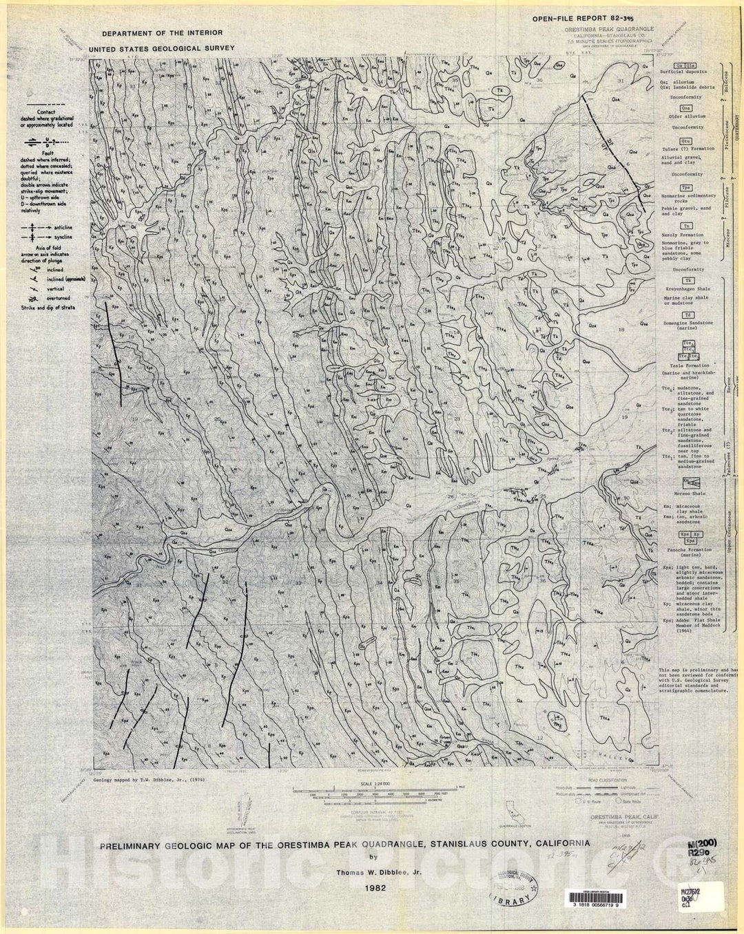 Map : Preliminary geologic map of the Orestimba Peak quadrangle, Stanislaus County, California, 1982 Cartography Wall Art :