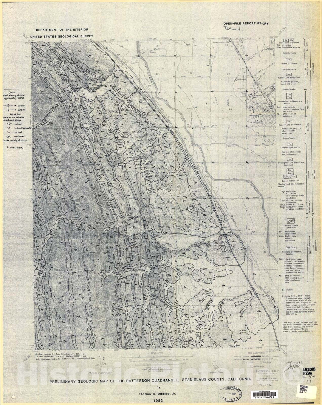 Map : Preliminary geologic map of the Patterson quadrangle, Stanislaus County, California, 1982 Cartography Wall Art :