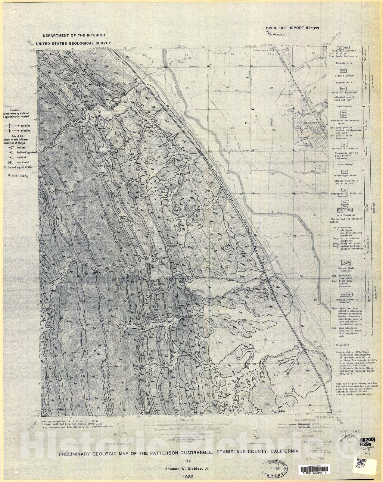 Map : Preliminary geologic map of the Patterson quadrangle, Stanislaus County, California, 1982 Cartography Wall Art :