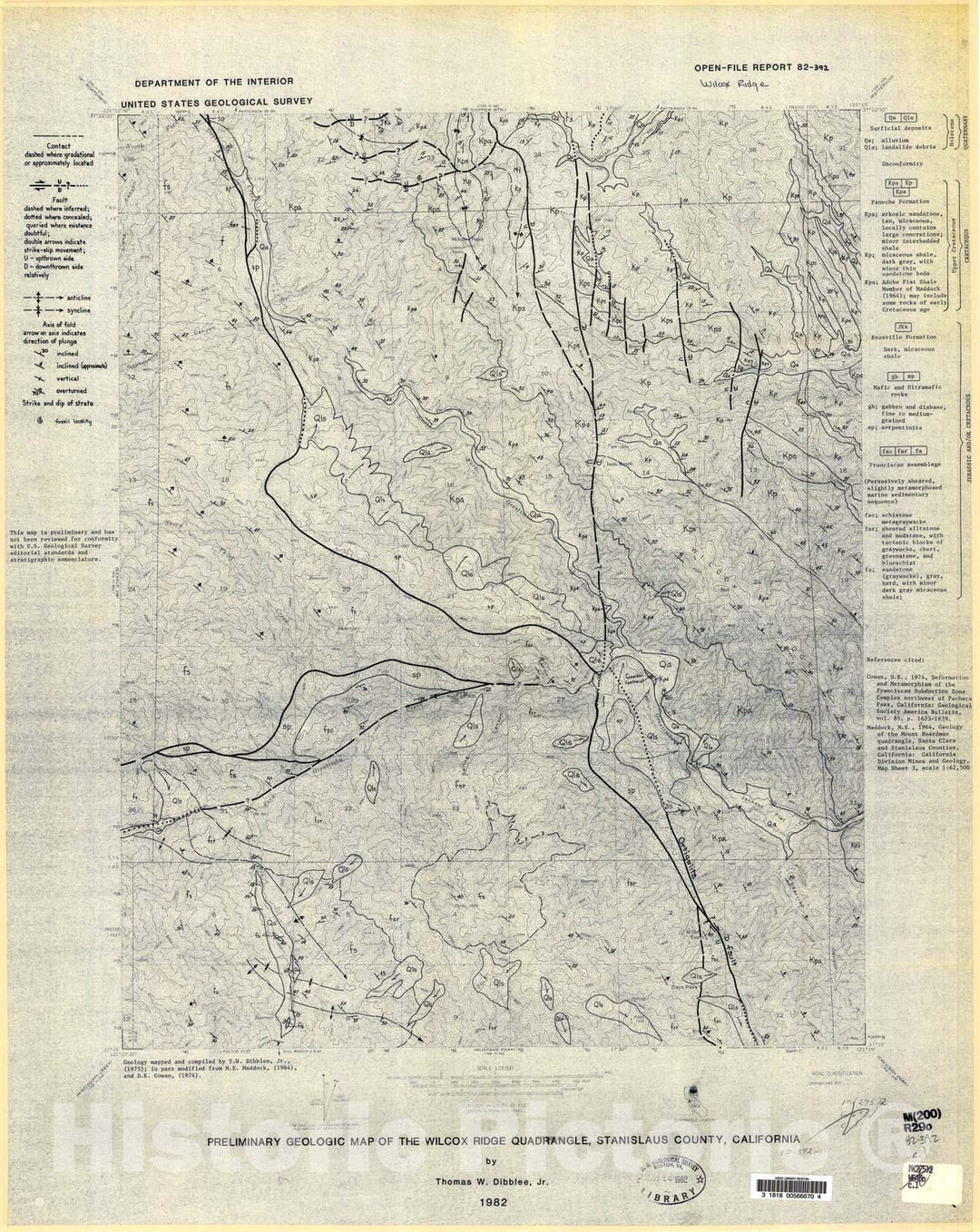 Map : Preliminary geologic map of the Wilcox Ridge quadrangle, Stanislaus County, California, 1982 Cartography Wall Art :