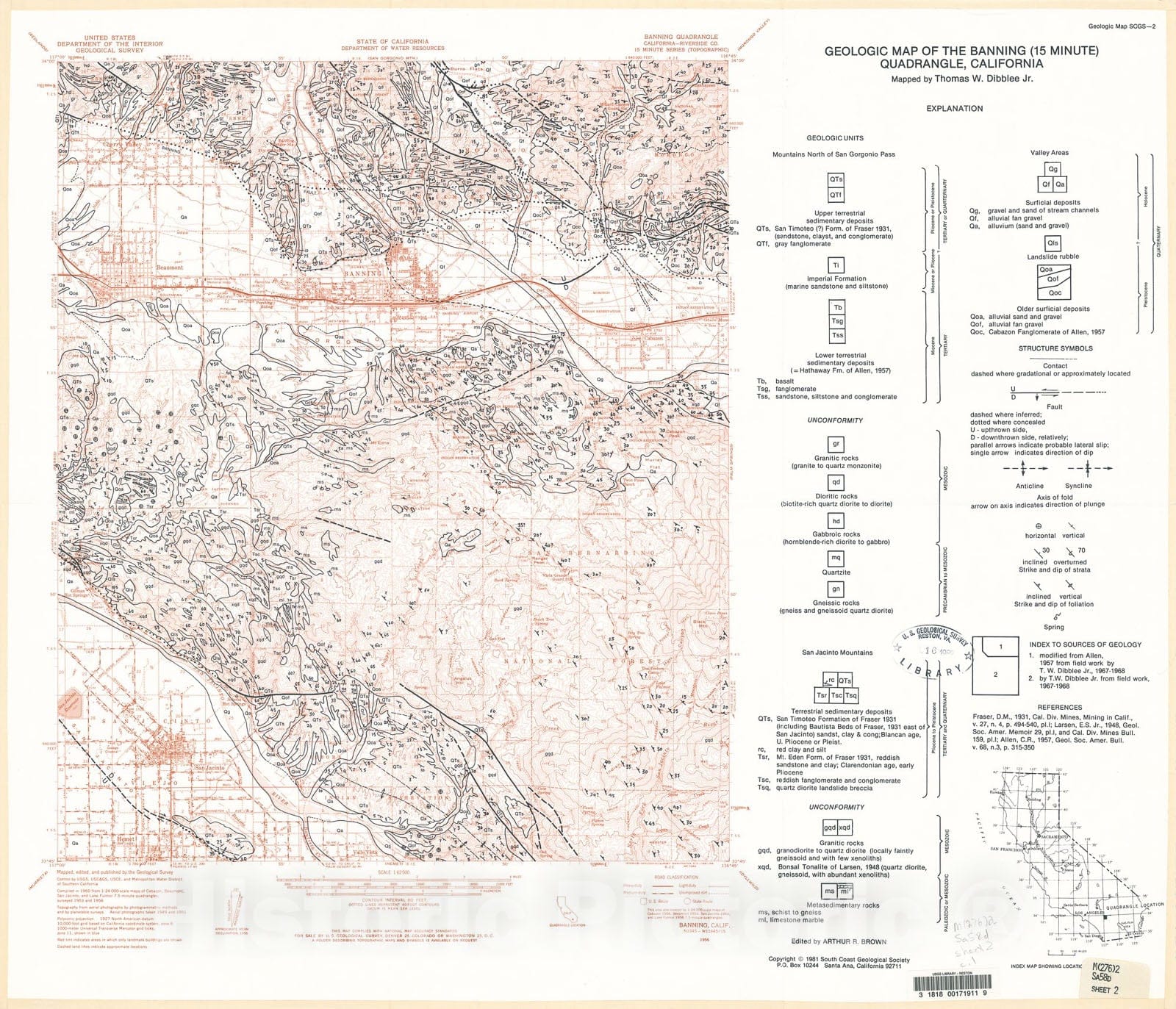 Map : Geologic map of the Banning (15 minute) quadrangle, California, 1982 Cartography Wall Art :