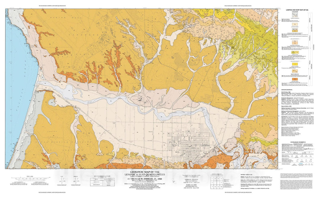 Map : Geologic map of the Lompoc and Surf quadrangles, Santa Barbara County, California, 1988 Cartography Wall Art :