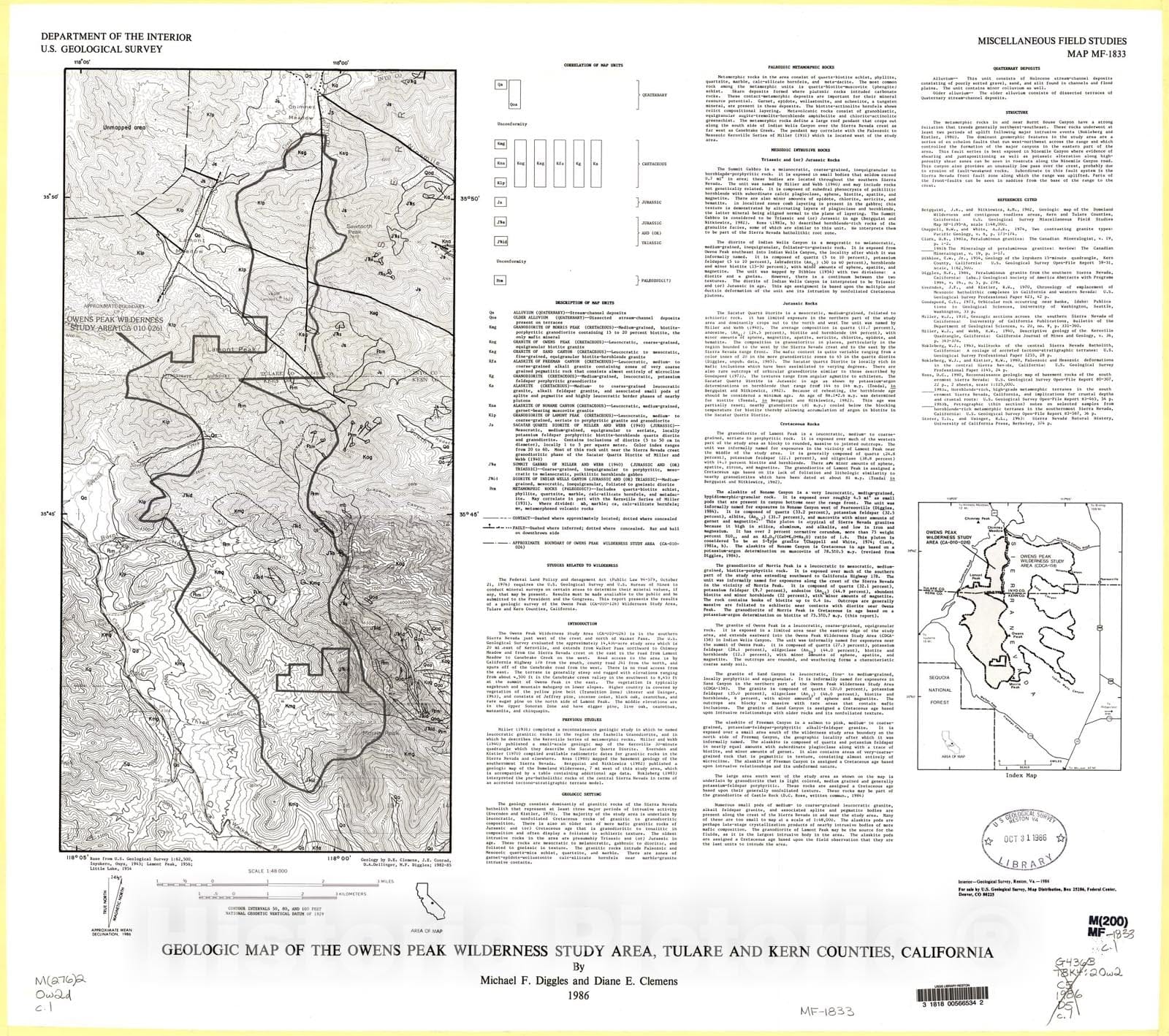 Map : Geologic map of the Owens Peak Wilderness Study Area, Tulare and Kern Counties, California, 1986 Cartography Wall Art :