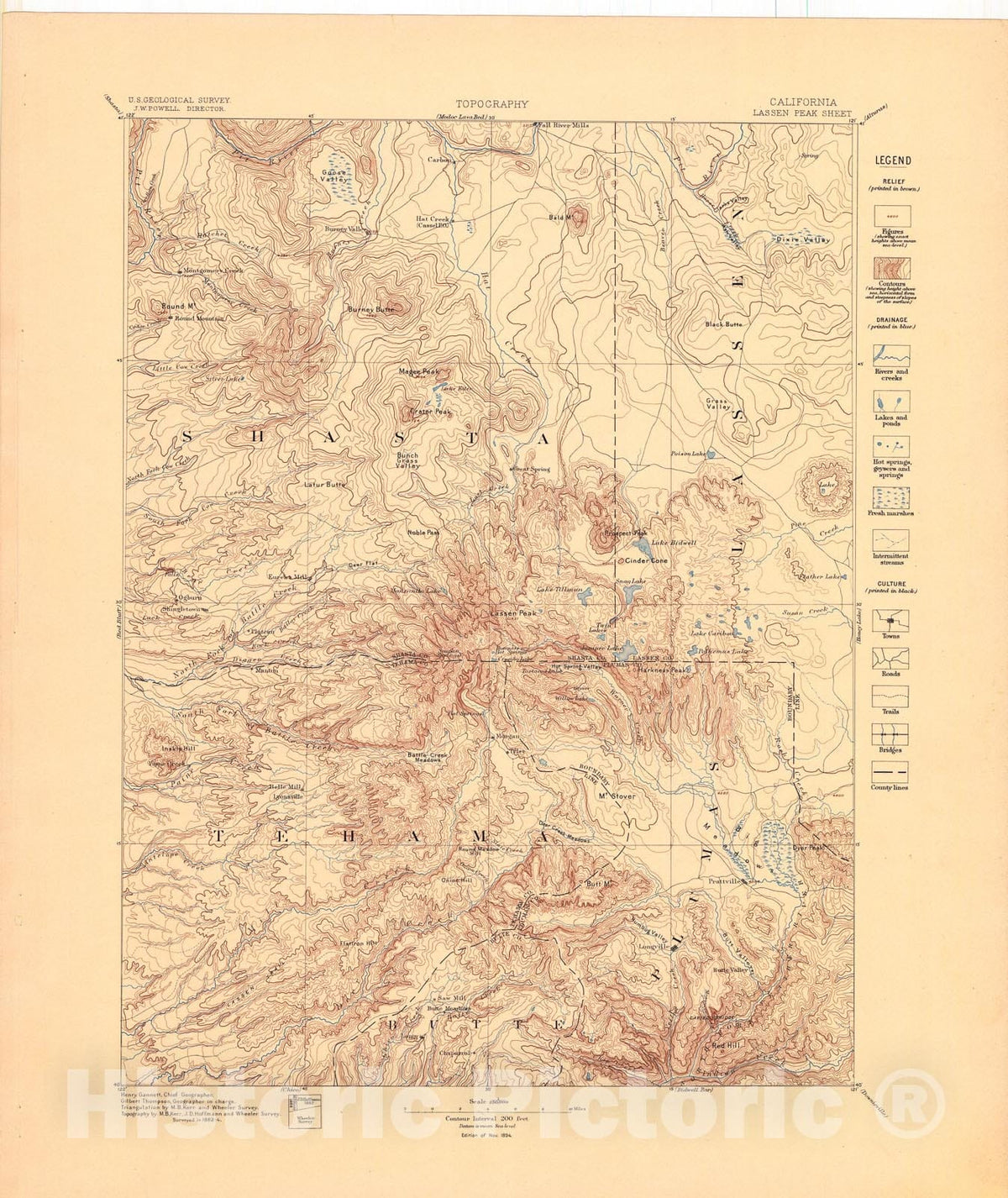 Map : Lassen Peak folio, California, 1895 Cartography Wall Art :