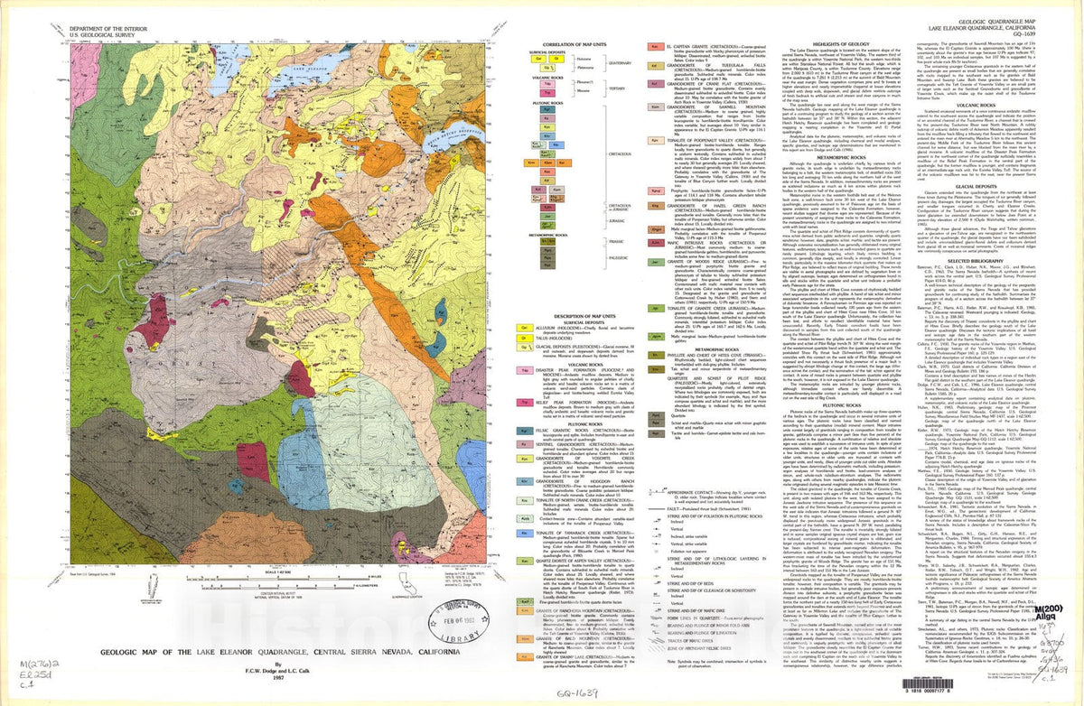 Map : Geologic map of the Lake Eleanor quadrangle, central Sierra Nevada, California, 1987 Cartography Wall Art :