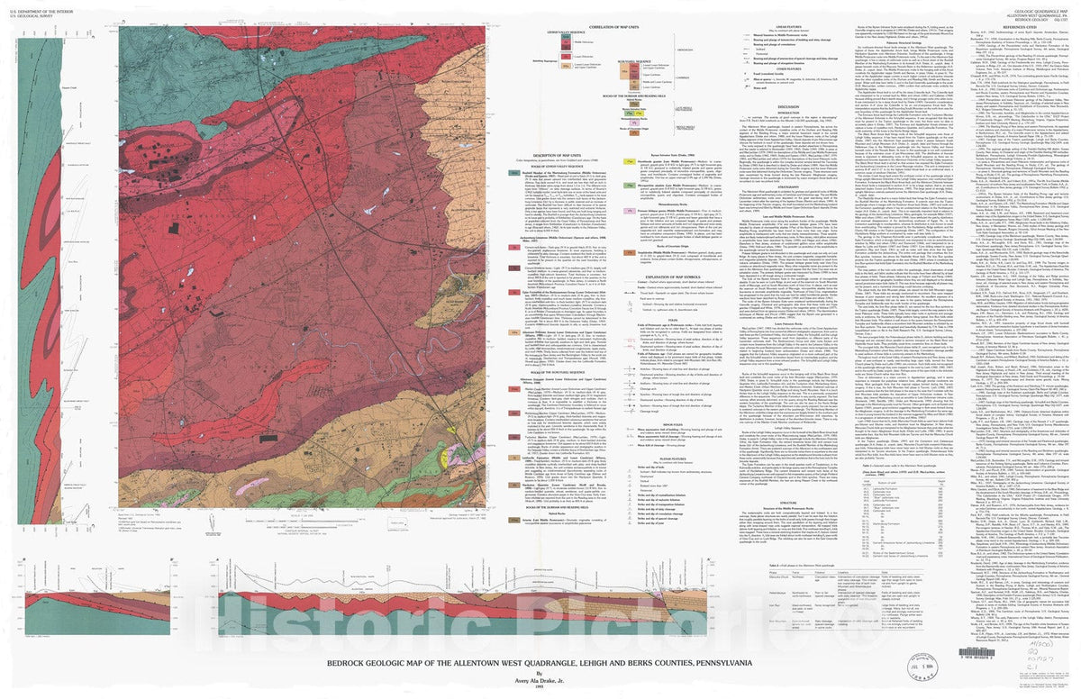 Map : Bedrock geologic map of the Allentown West quadrangle, Lehigh and Berks Counties, Pennsylvania, 1993 Cartography Wall Art :