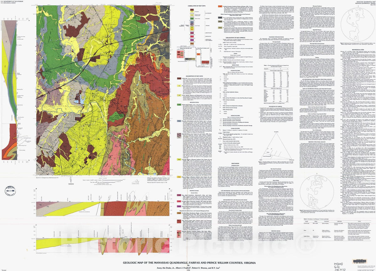 Map : Geologic map of the Manassas quadrangle, Fairfax and Prince William Counties, Virginia, 1994 Cartography Wall Art :