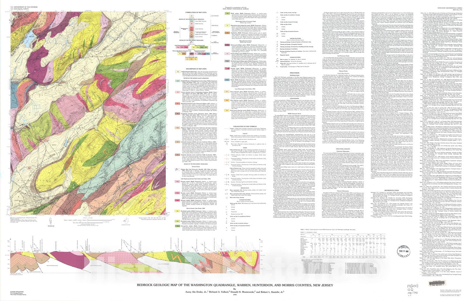 Map : Bedrock geologic map of the Washington quadrangle, Warren, Hunterdon, and Morris Counties, New Jersey, 1994 Cartography Wall Art :