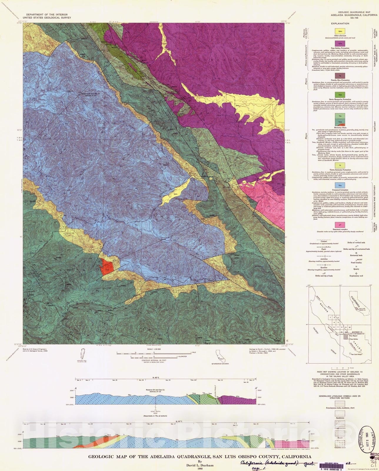 Map : Geologic map of the Adelaida quadrangle, San Luis Obispo County, California, 1968 Cartography Wall Art :