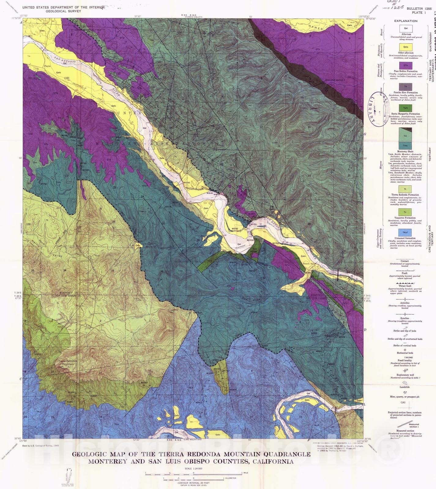 Map : Geology of the Tierra Redonda Mountain and Bradley quadrangles, Monterey and San Luis Obispo Counties, California, 1968 Cartography Wall Art :