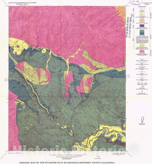 Map : Geology of the Sycamore Flat and Paraiso Springs quadrangles, Monterey County, California, 1970 Cartography Wall Art :