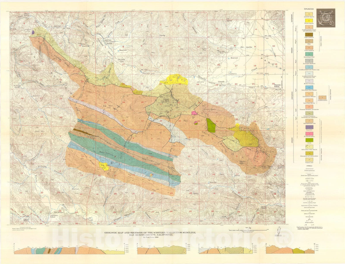 Map : Geology of the western Vallecitos syncline, San Benito County, California, 1965 Cartography Wall Art :