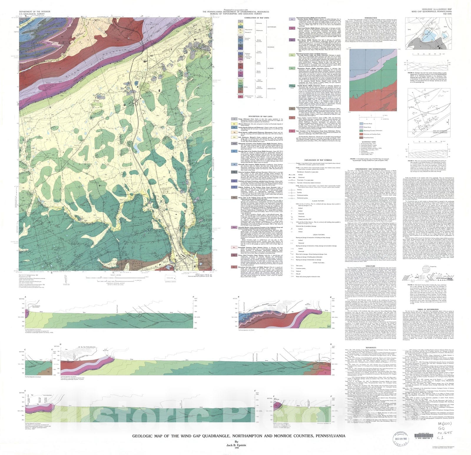 Map : Geologic map of the Wind Gap quadrangle, Northampton and Monroe Counties, Pennsylvania, 1990 Cartography Wall Art :